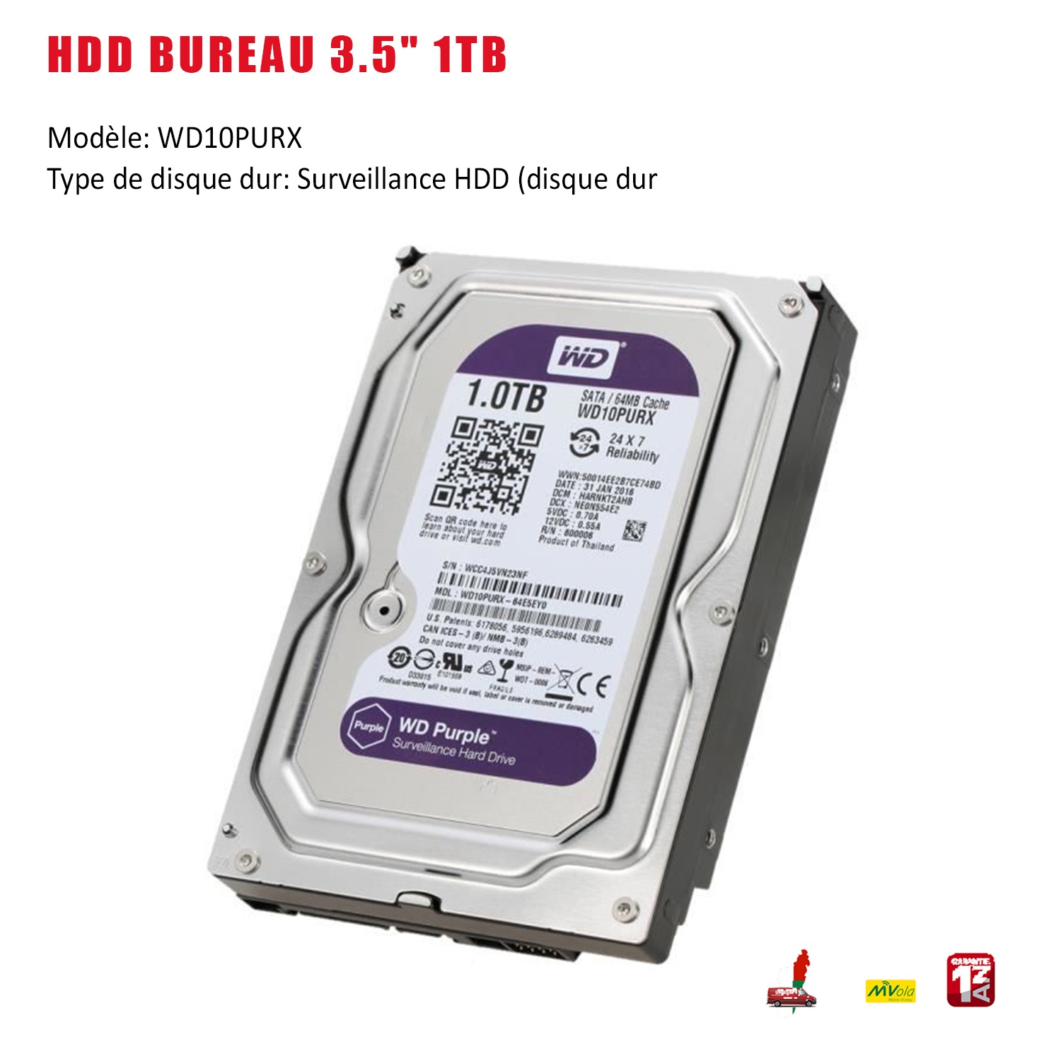 HDD bureau Interne 3.5 1TB SATA 7200rpm